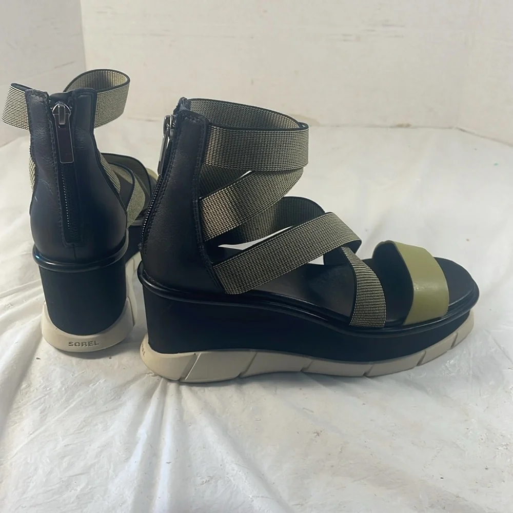 Sorel Women’s Joanie lll Sport Ankle Strap Black and Olive Platform Wedge Sandal
